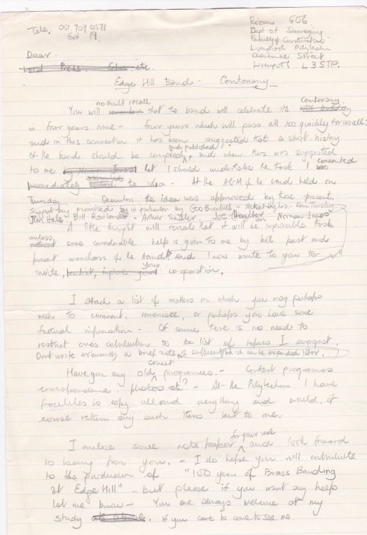 Edge Hill Band Centenary letter rough draft