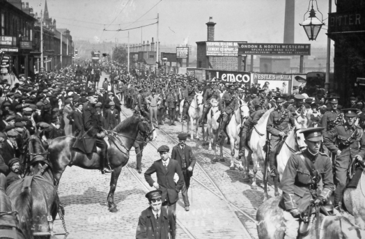 Troops marching on Tunnel Road during the 1911 Transport Strike