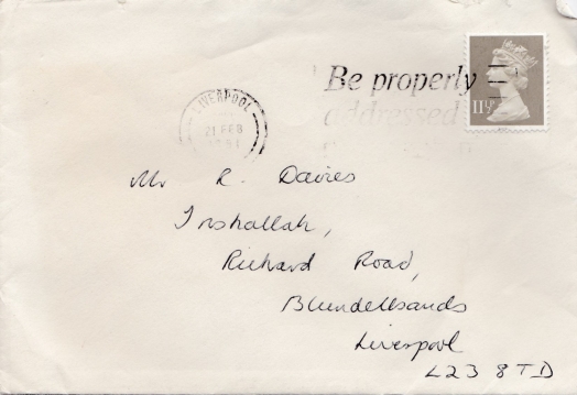 Letter from Vivienne Lord to Mr. Russell Davies Envelope